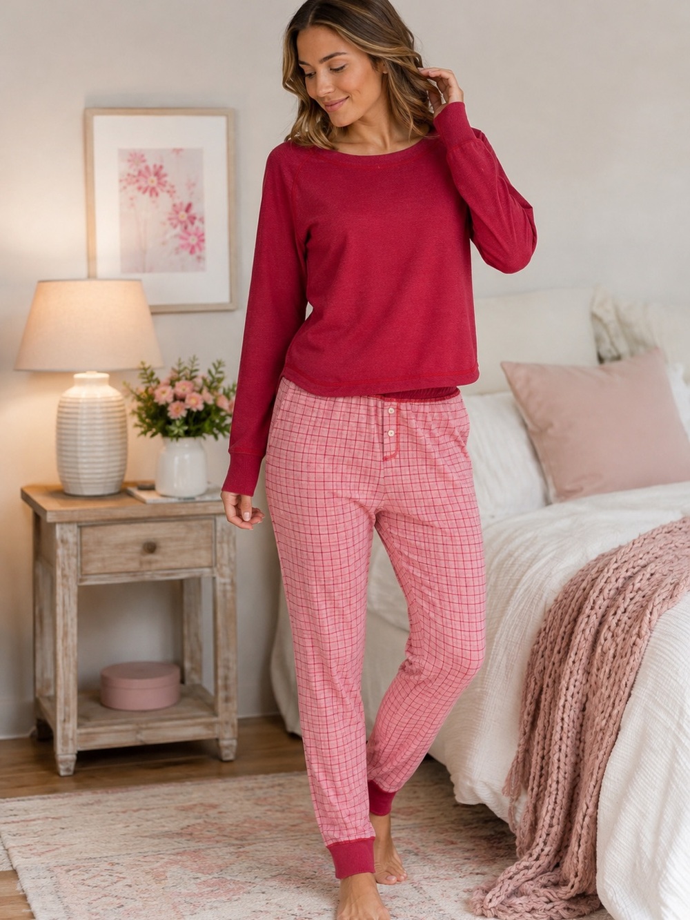 NEW Free People Intimately Sweet Combo Rose Pink Cotton Pajama Pant Set